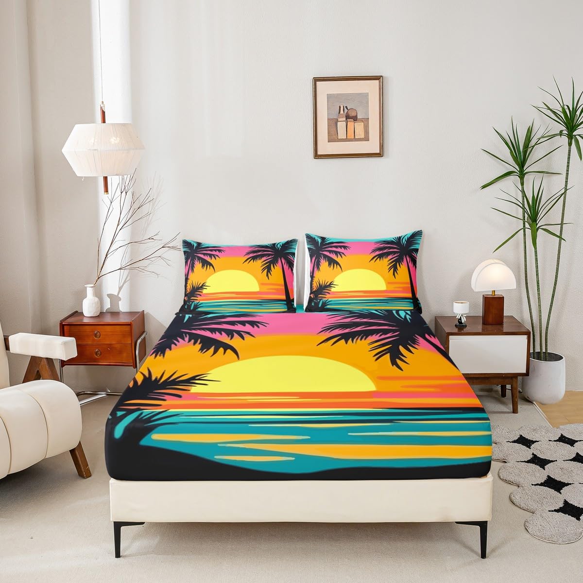 jejeloiu Beach Sunset Bedding Sheets Queen Size Palm Tree Bed Sheet Set for Kids Boys Girls Ocean Beach Fitted Sheet Blue Pink Yellow Bed Cover 3Pcs,1 Fitted Sheet+2 Pillow Sham（No Flat Sheet）