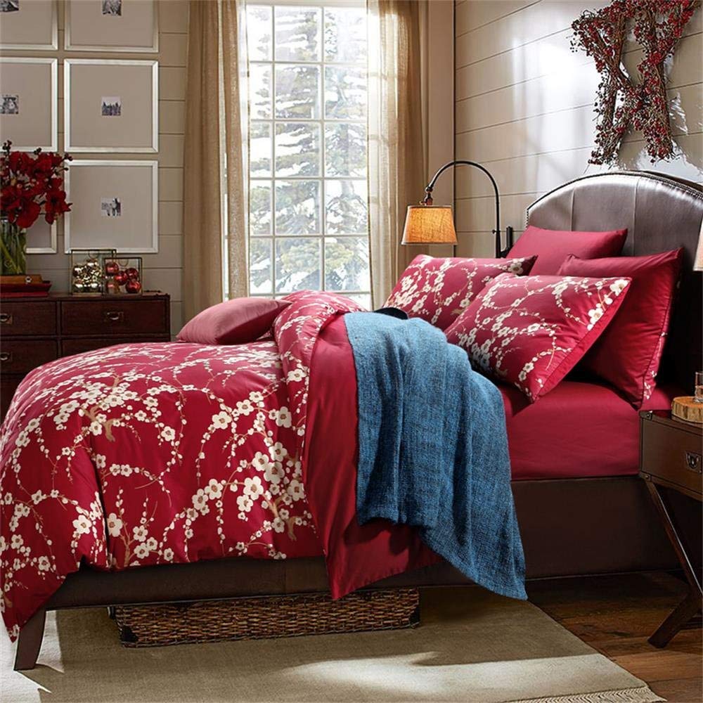 Brandream Eastern Japanese Oriental Style Cherry Floral Chinoiserie Blossom Print Duvet Quilt Cover Set Red 800TC Egyptian Cotton Sateen Bedding Set 3 Piece Ornamental Drawing(Queen)