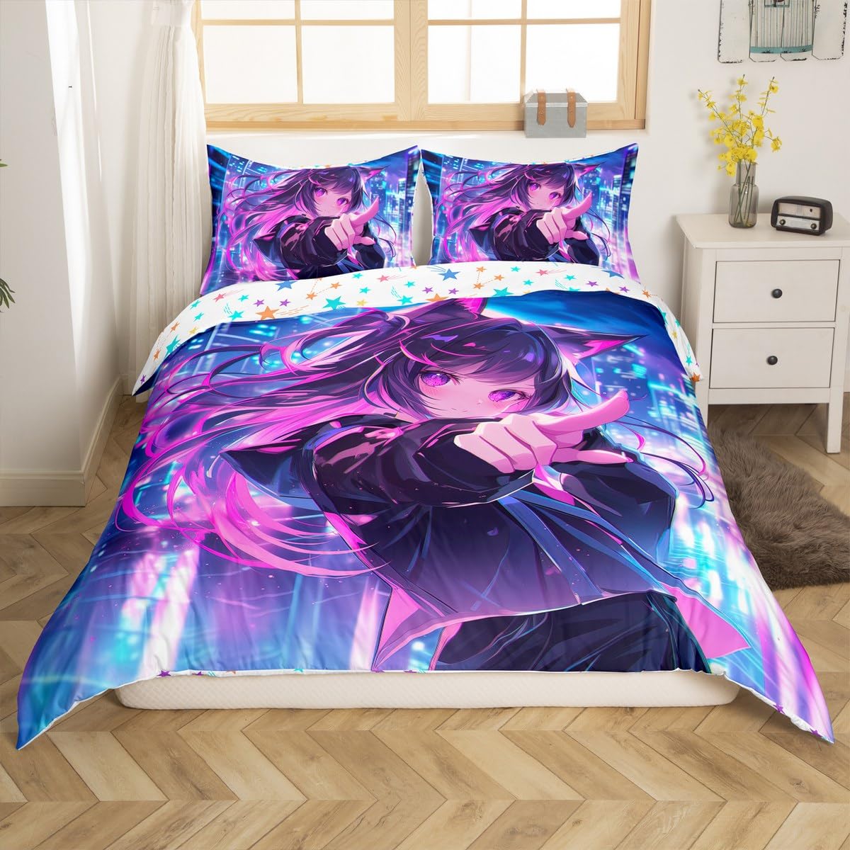 Erosebridal Kids Anime Girl Full Size Comforter Cover, Japanese Anime Duvet Cover, Cartoon Girl Bedding Set for Boys Teens Bedroom Decor, Kawaii Japanese Animation Bed Set with 2 Pillow Cases