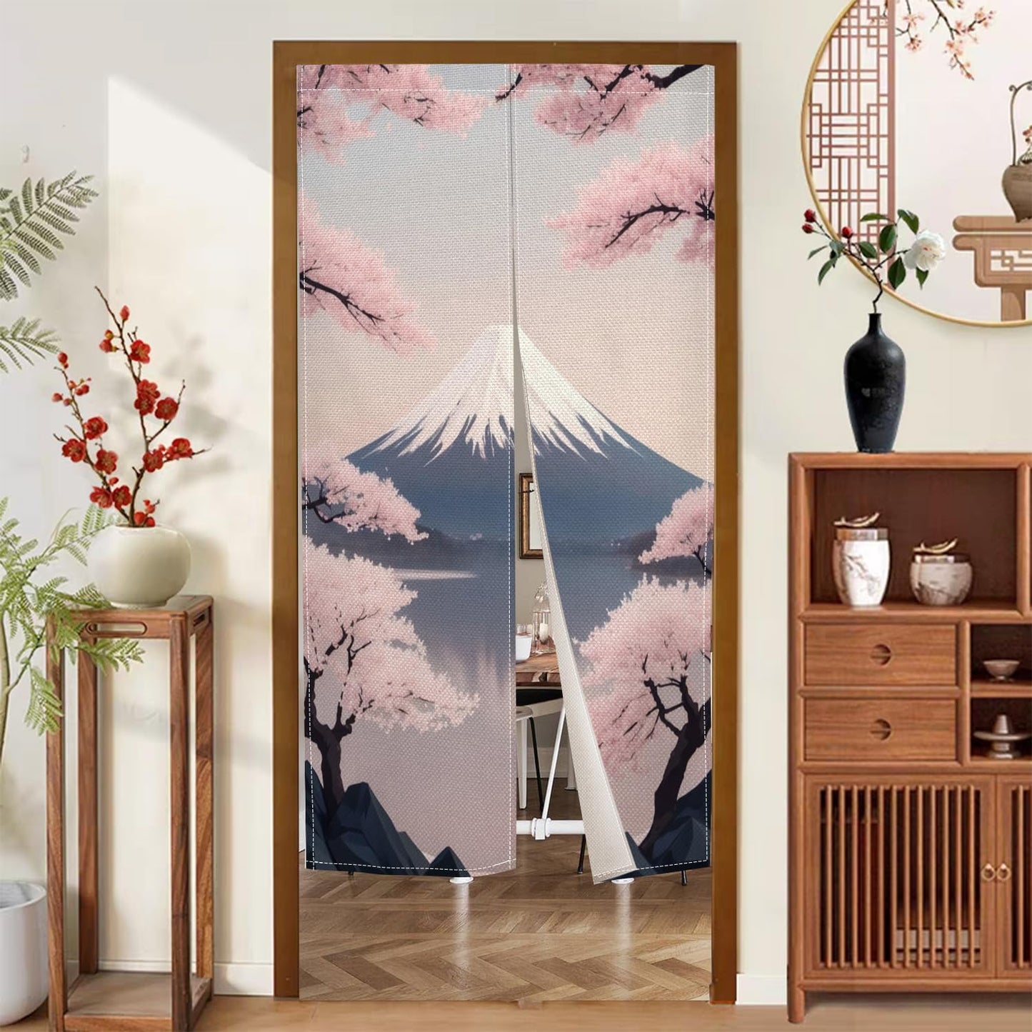 XMJJKUF Japanese Doorway Single Side Curtain Noren Cherry Sakura and Mount Fuji Artistic Painting Japanese Style Curtains Door Tapestry for Wall Hanging Home Decoration,33.5"x 70.9"