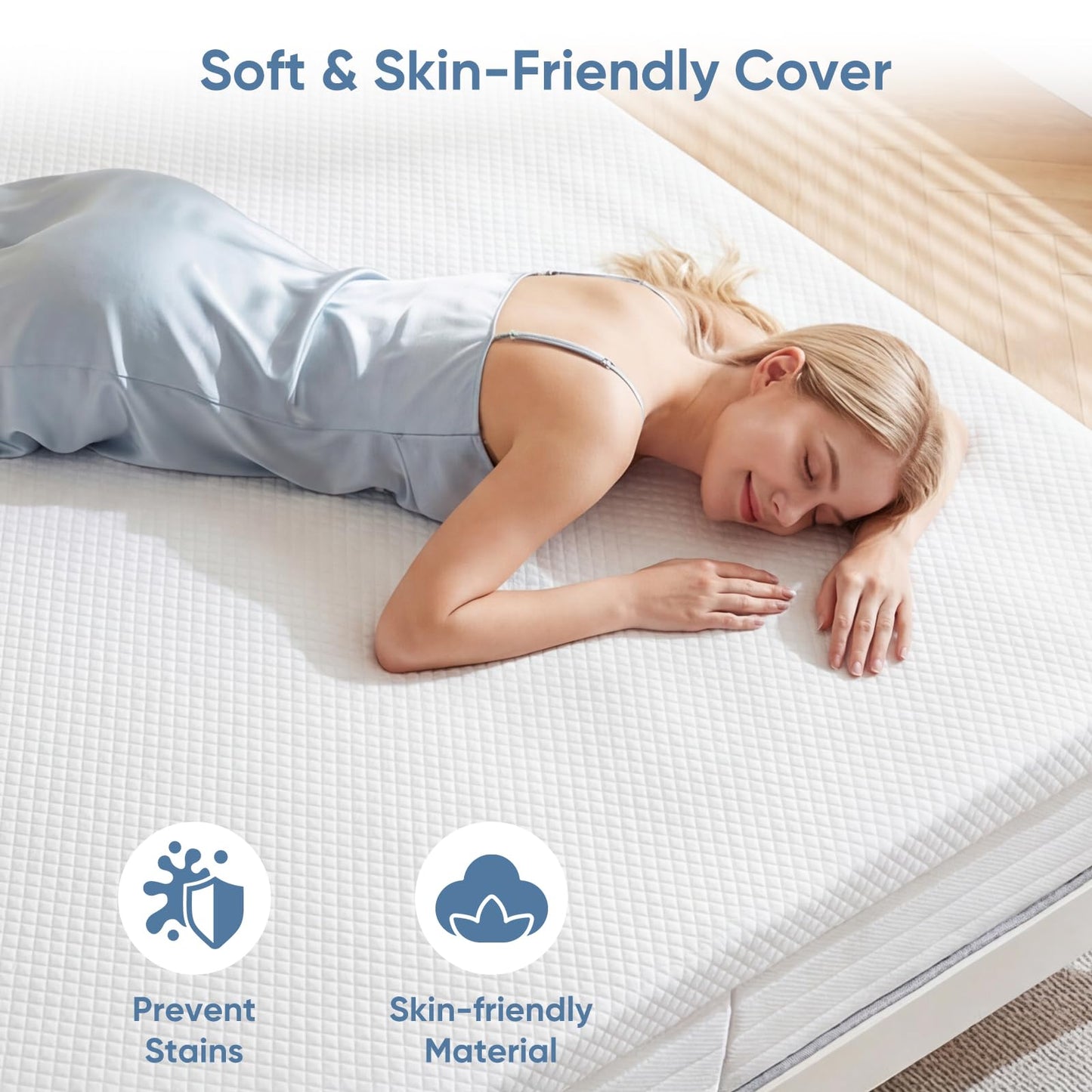 DUMOS Memory Foam Mattress Topper Pad with Cover, Soft Bed Cover with Anti-Slip Base, Enhanced with Cooling Gel, Premium Comfort for Sleep & Back Pain Relief, Removable & Washable