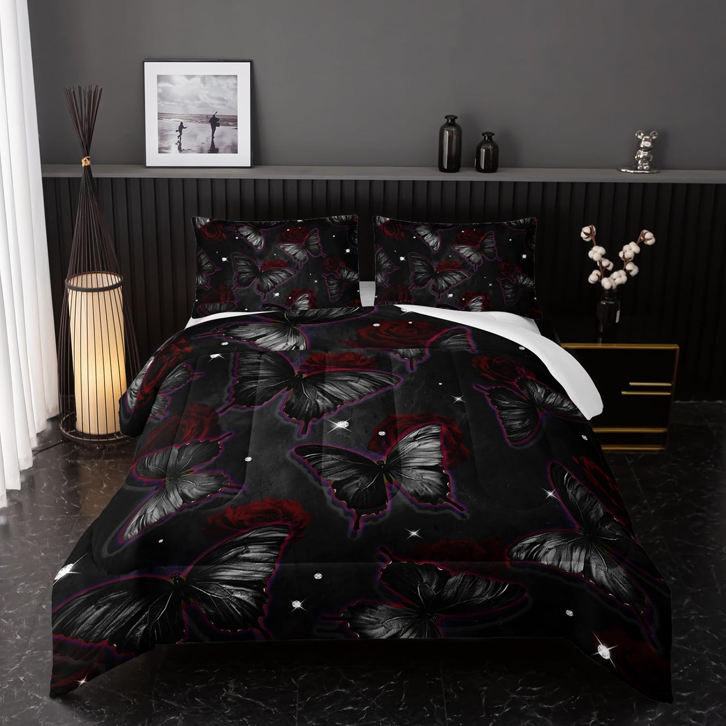 Black Butterfly Comforter Sets Twin Size, Black Butterfly Flowers 3D Animal Pattern Kids Bedding Sets for Girls Teens 3 Piece Bedroom Decor Comforter with 2 Pillowcases