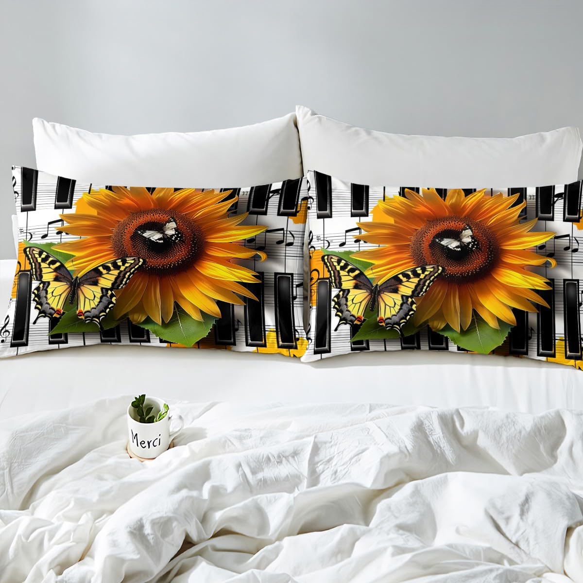 Manfei Sunflower Duvet Cover Set Queen Size, Yellow Flower Butterfly Bedding Set 3pcs for Kids Girls, Black White Musical Note Comforter Cover Music Theme Quilt Cover with 2 Pillowcases,No Comforter