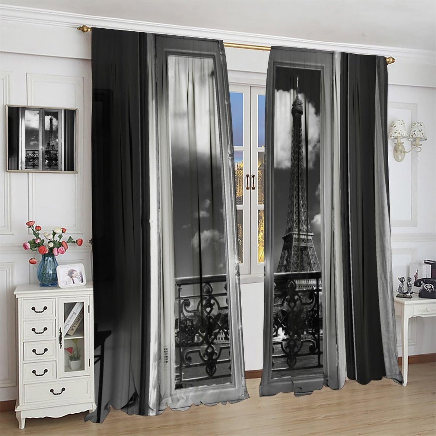 GoDazzling Paris Tower Curtains, Romantic European City Architecture Eiffel Tower Landscape Windows Treatments Rod Pocket Drapes for Bedroom Living Room 41" W X 45" L (No Blackout)