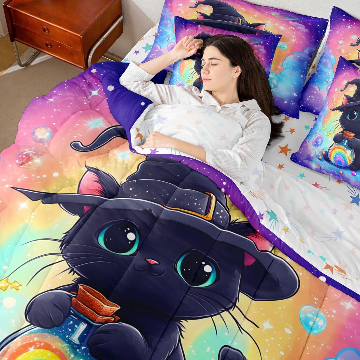 Feelyou Black Cat Comforter Set with Sheets 7 Piece Twin Size Cute Kitten Bed in a Bag Kids Boys Girls Rainbow Bedding Set Cute Animal Bedroom Decor Breathable Soft Lightweight Microfiber