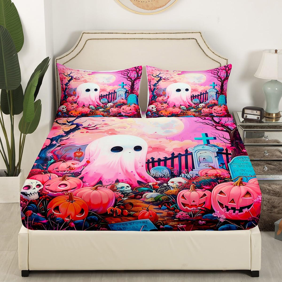 Farmhouse Halloween Night Fitted Bottom Sheet Full Size,Pink Moon Night Cute Ghost Sheet Set Soft Polyester Bedding,Gothic Pumpinks Skull Rustic Style Bed Cover(1 Fitted Sheet+2 Pillow Cases)