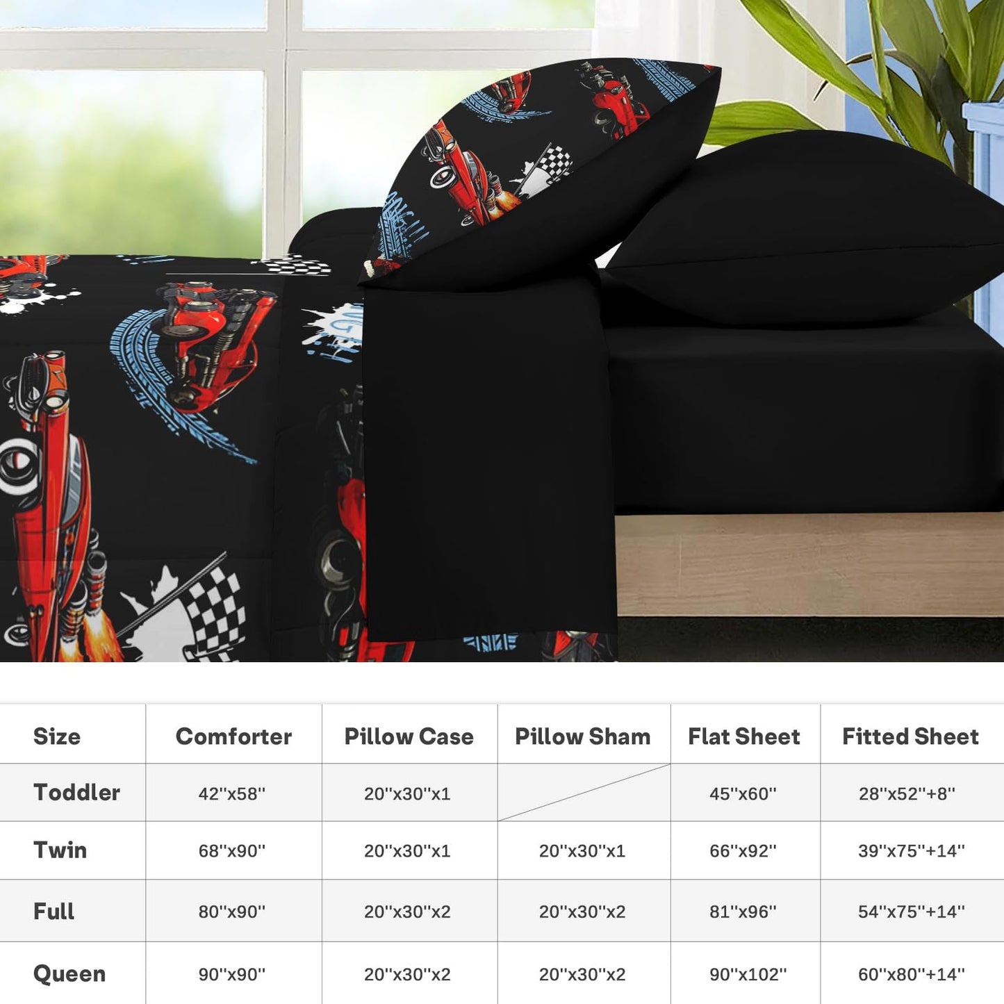 Nesker 5 Pcs Car Comforter Set Twin Size, Rad Race Car Boys Bedding Black Bed in a Bag for Kids and Adults, Retro Cool Truck Bed Sheet Sets with Fitted Sheet Pillowcases & Shams