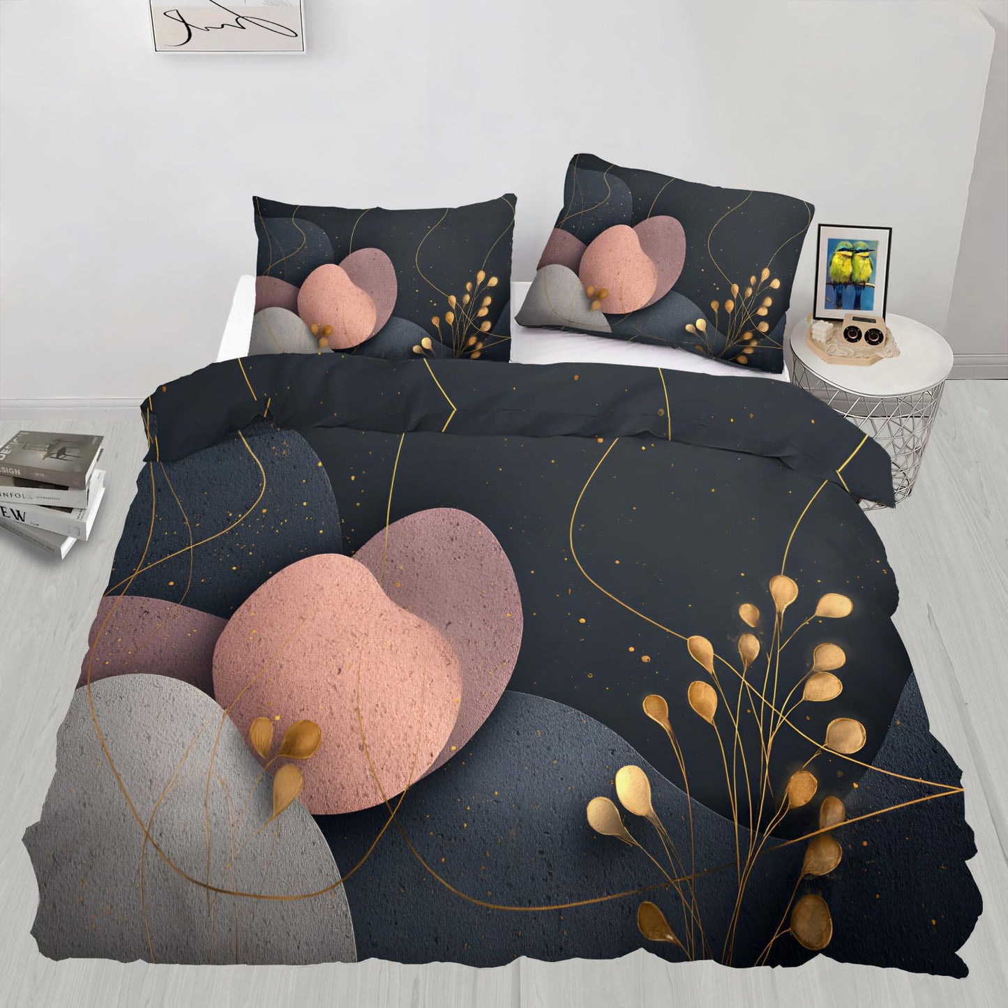 ZAOMIR Mid Century Modern Abstract Duvet Cover Twin Size, Dark Gray Black Rose Pink Geometric Bedding Set 3 Piece, Abstract Geometric Botanical Patterned Comforter Cover with Zipper, 2 Pillowcases