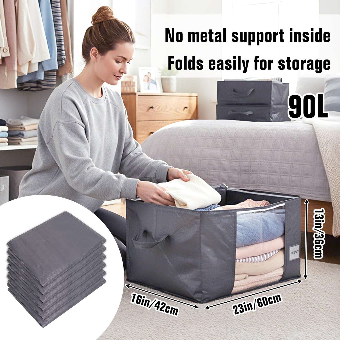 YGEOMER Bedding Storage 90L Blanket Storage Bags 6 Pack Large Foldable Heavy Duty Clothes Containers for Closet, Clothing, Comforters, Bedding, Bed Sheets, Pillows and Toys Organizers