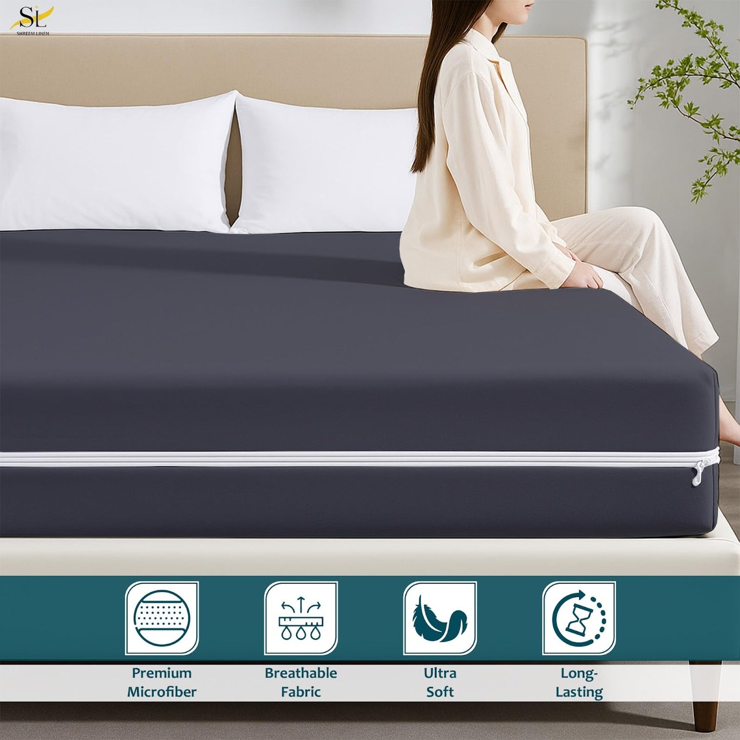 Mattress Protector Queen Size 100% Waterproof Zippered Cover, 15 Inches Deep, Six-Sided Mattress Encasement for Bed, Zipper Closure Style (Dark Grey)
