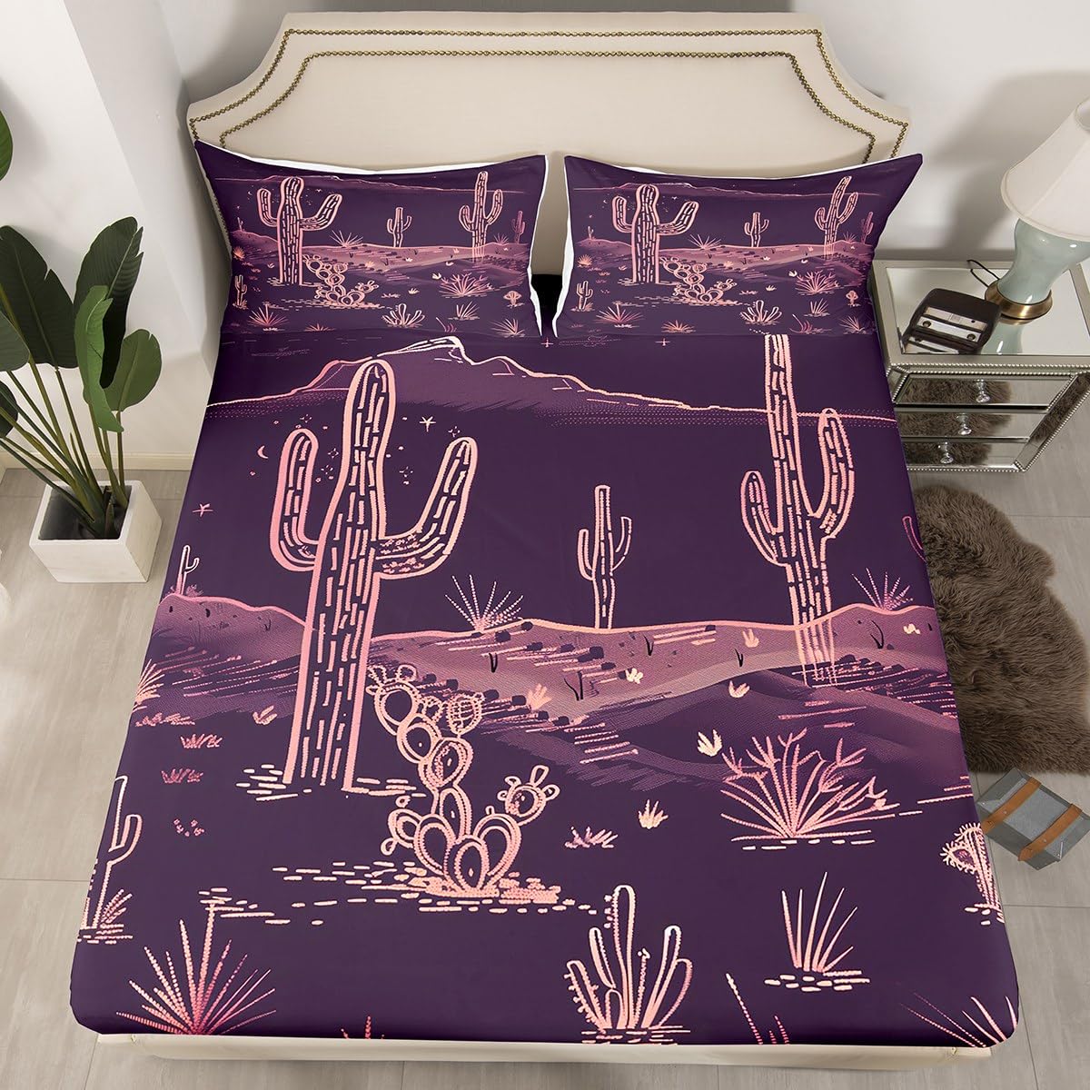 jejeloiu Western Bed Sheets Set Queen Size Desert Cactus Deep Pocket Fitted Sheet Purple Bedding Sets Vintage Southwest Soft Bed Set 4Pcs with 2 Pillow Cases