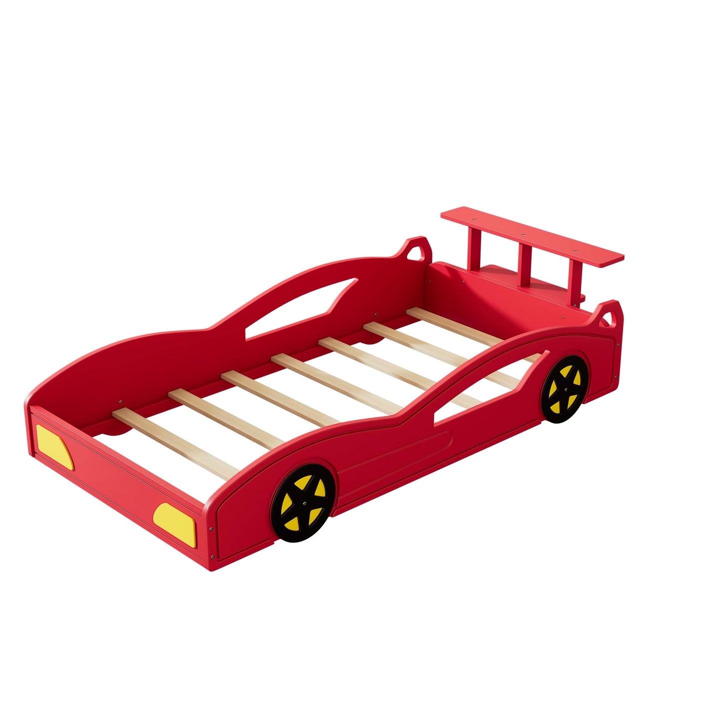 LUMISOL Twin Size Bed Frames for Kids, Race Car-Shaped Platform Bed Frame with Wheels & Guardrails for Boys Girls, No Box Spring Needed, Red+Yellow