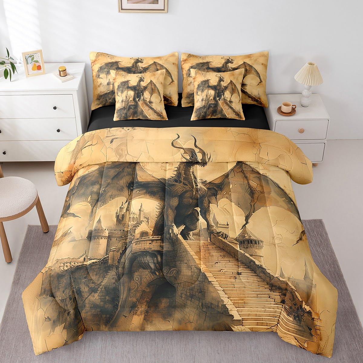 Erosebridal Magical Dragon Comforter Set King,Ancient Animal Bedding Set 7Pcs for Kids Boys Girls,Castle Bed in a Bag