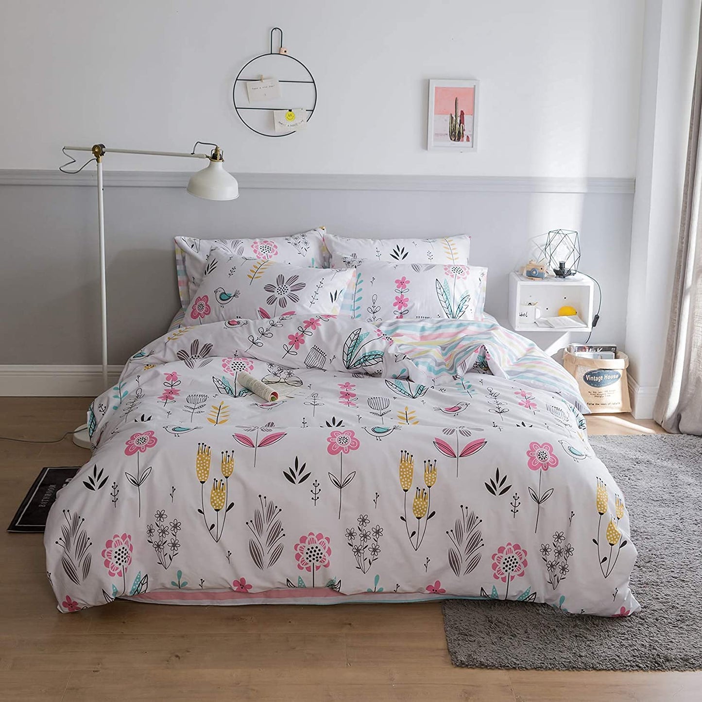 BuLuTu Floral Bird Print Pattern Girls Boys Duvet Covers Queen White Premium Cotton Nature Blossom Colorful Reversible Kids Bedroom Comforter Cover Full Bedding Sets for Teen Toddler,Zipper Closure