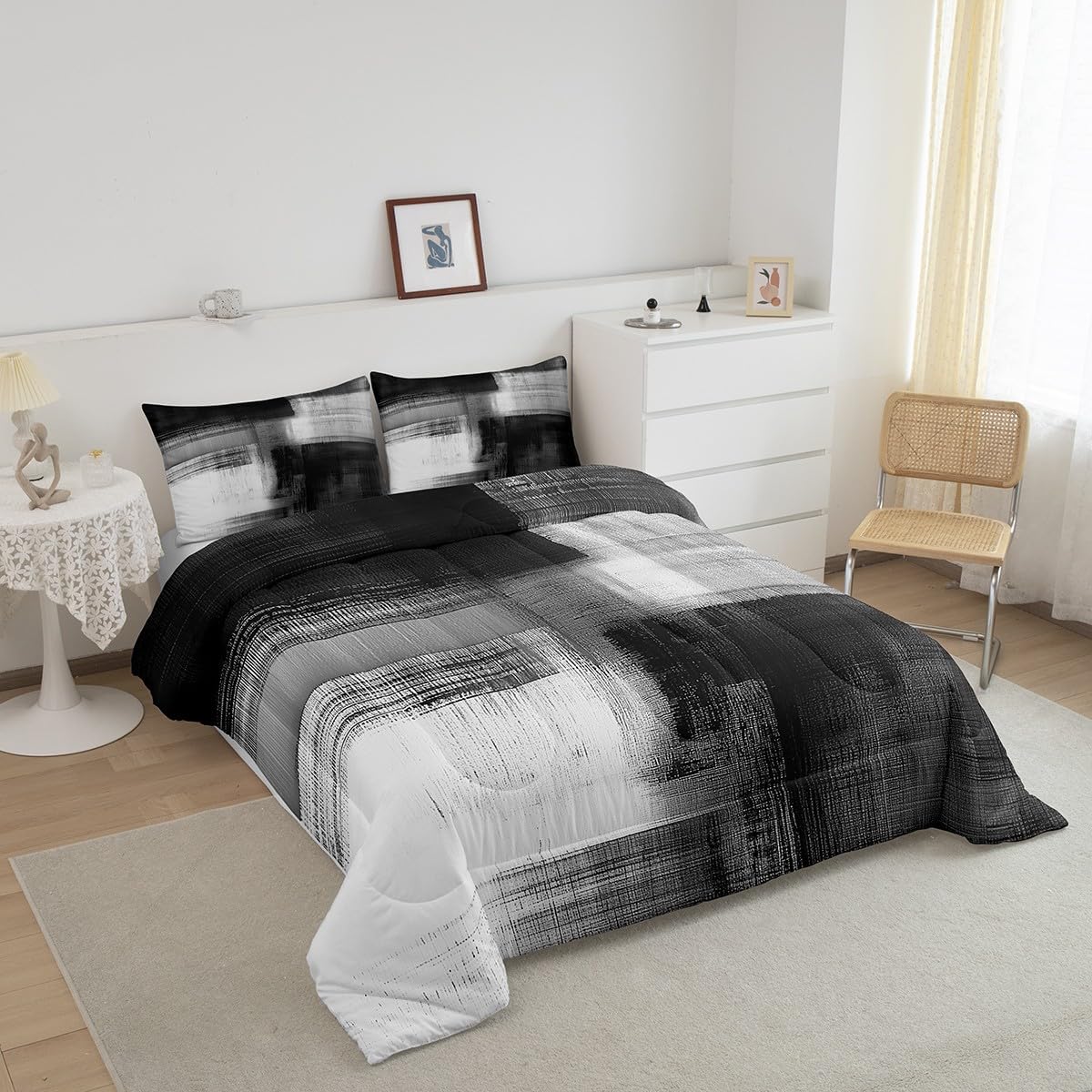 Feelyou Gray Abstract Art Comforter Set for Kids Boys Girls Modern Art Bedding Set Queen Size Abstract Oil Painting Duvet Quilt Geometric Bedroom Decor Breathable Soft Lightweight Microfiber 3Pcs