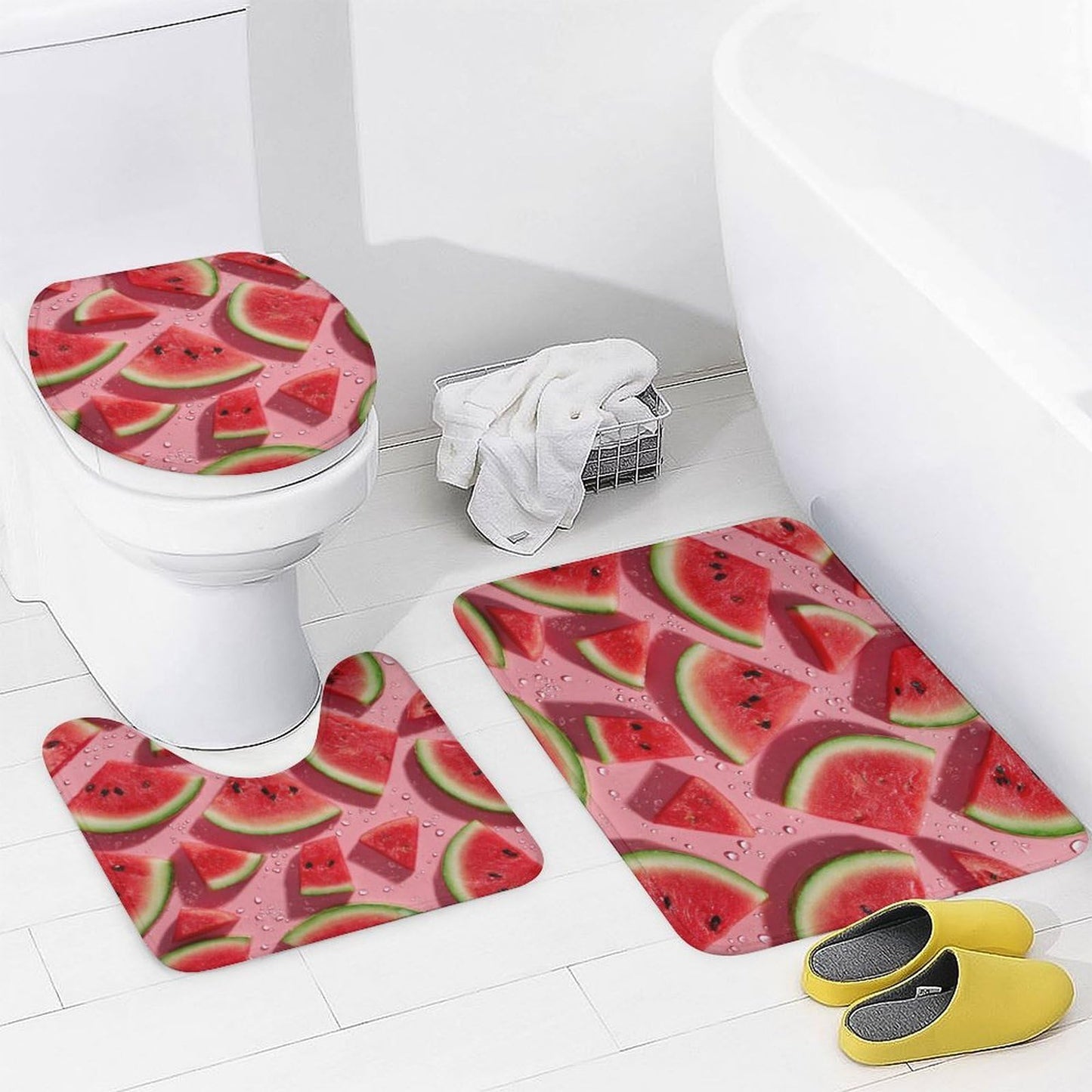 INSFBRB Modern Colorful Watermelon Shower Curtain Sets with Rug,Toilet Lid Cover and Bath Mat,Rustic Realistic Summer Fruit Watermelon 4 Piece Bathroom Set