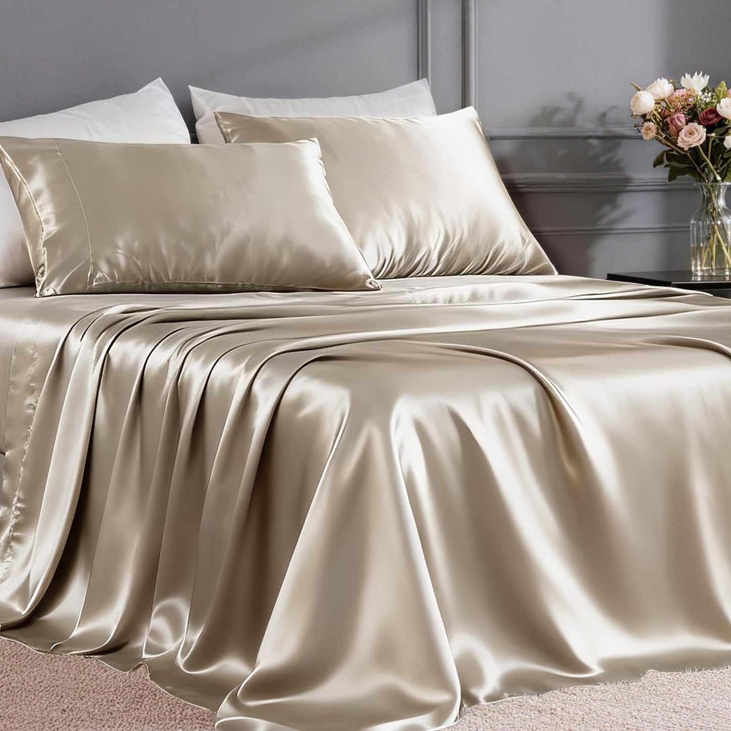 FreshCulture Satin Sheets Full Size - 4 Piece Luxury Soft Silky Full Size Bed Sheets, Similar to Silk Bed Sheet Set with 1 Deep Pocket Fitted Sheet, 1 Flat Sheet & 2 Pillowcases (Champagne)