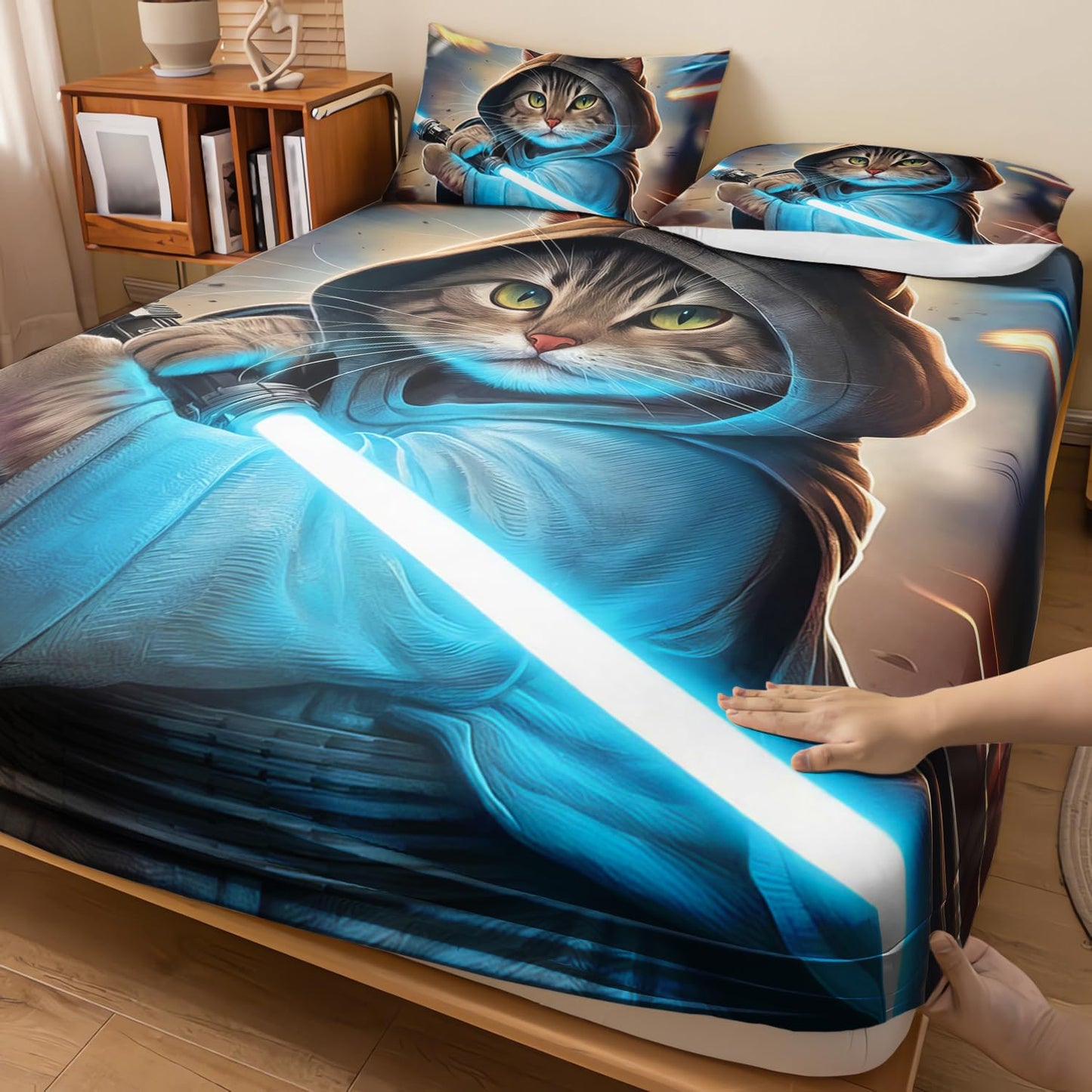 AILONEN 3D Cat Fitted Sheet Set Twin Size, Funny Swordsman Kitten for Kids,Boys,Kawaii Kitten Animal Bed Sheet Set,3-Pieces,1 Sheet Set with 2 Pillowcases,Breathable
