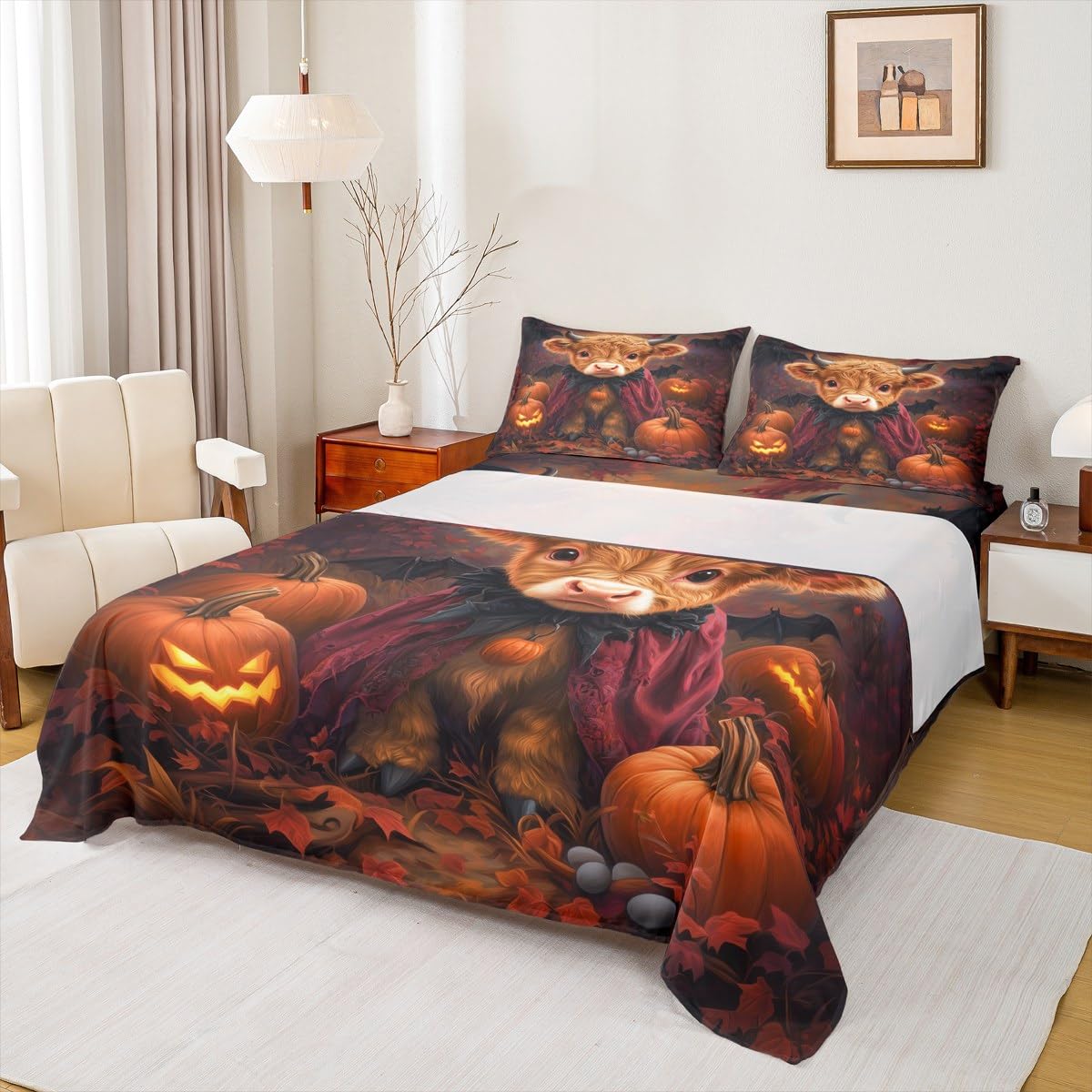 Erosebridal Cow Bed Set Farm Animal Bed Sheets Set Autumn Harvest Pumpkin Flat Fitted Sheet for Kids Adults Men Women, Halloween Orange Bedding Sets for Bedroom Decor Full with 2 Pillow Cases