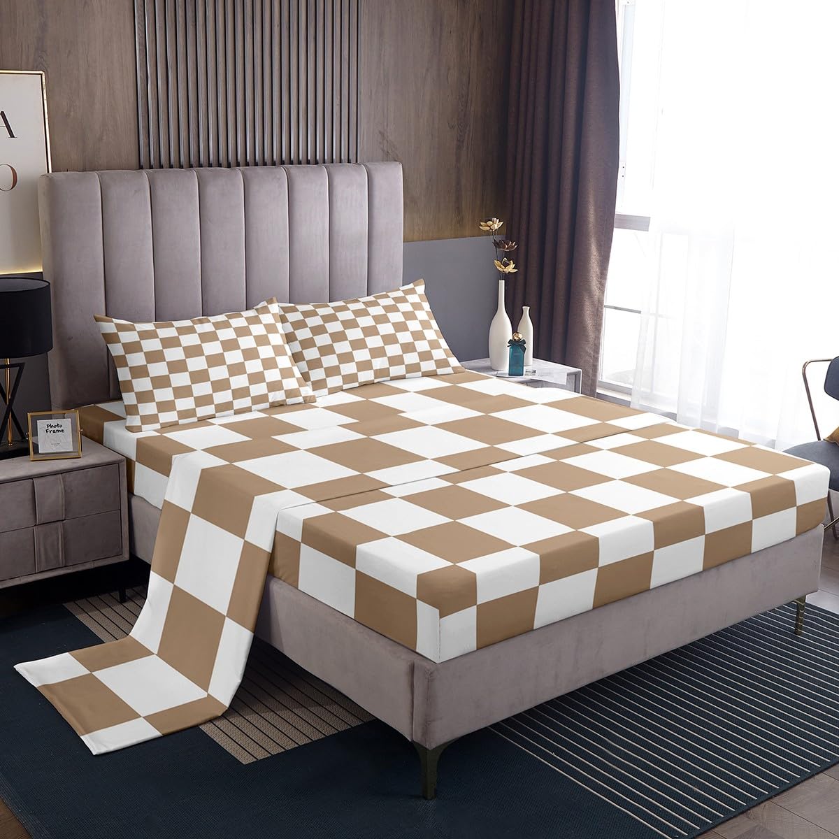 Feelyou Checkered Bed Sheets Sets Full Size Kids Boys Girls Brown Plaid Bedding Set Vintage Checkerboard Geometric Fitted Sheet with 16-Inch Deep Pockets Grey 4Pcs with 2 Pillow Cases