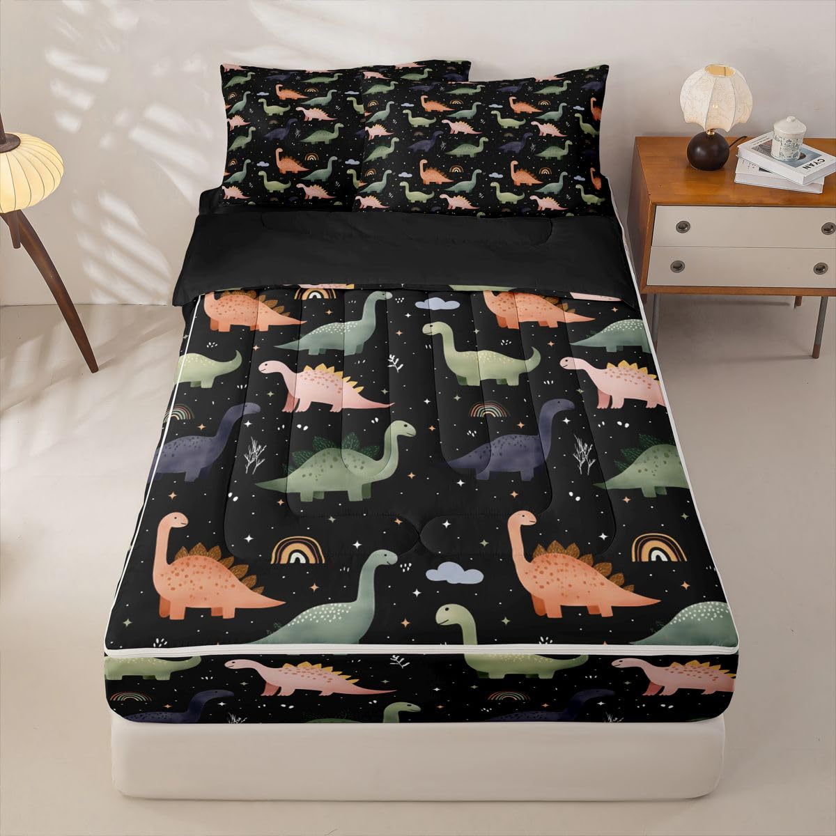 Feelyou Dinosaur Comforter Set Twin Size Zipper Bedding Set for Girls Boys 3D Digital Print Comforter with Fitted Sheet, Pillowcases Jungle Dino Zipper Bedding Soft Breathable Bed in a Bag