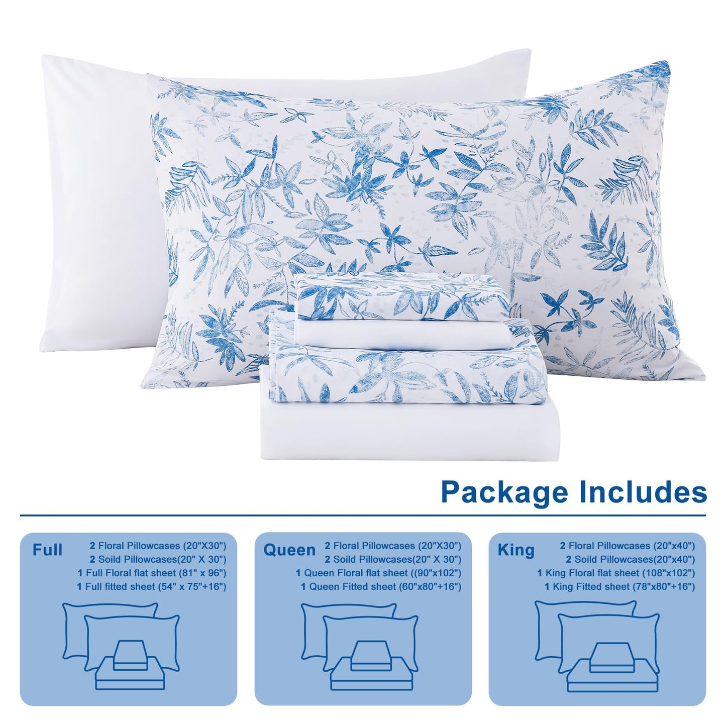 Swiftify Botanical Full Size Sheets Set 6-Piece, Boho Floral Brushed Microfiber Sheets, Cooling Bed Sheet Set, Soft & Breathable, 16' Deep Pocket Fitted Sheet & Pillowcase Set, Blue Fern Whisper