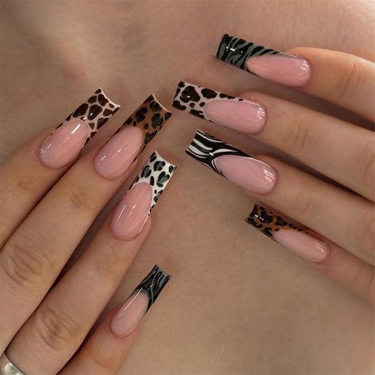 MISUD Press on Nails - Long Square Fake Nails with French Tip, Acrylic Cheetah Cow Print Design 24 pcs