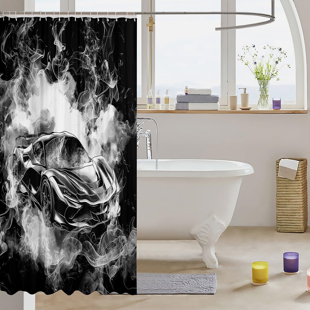 Feelyou Speed Sports Car Shower Curtain 72"x72" Smoky Race Car Bath Curtain for Boys Girls Teens Racing Bath CurtainWaterproof Polyester Fabric Extreme Sports Kids Bathroom Accessories Black White