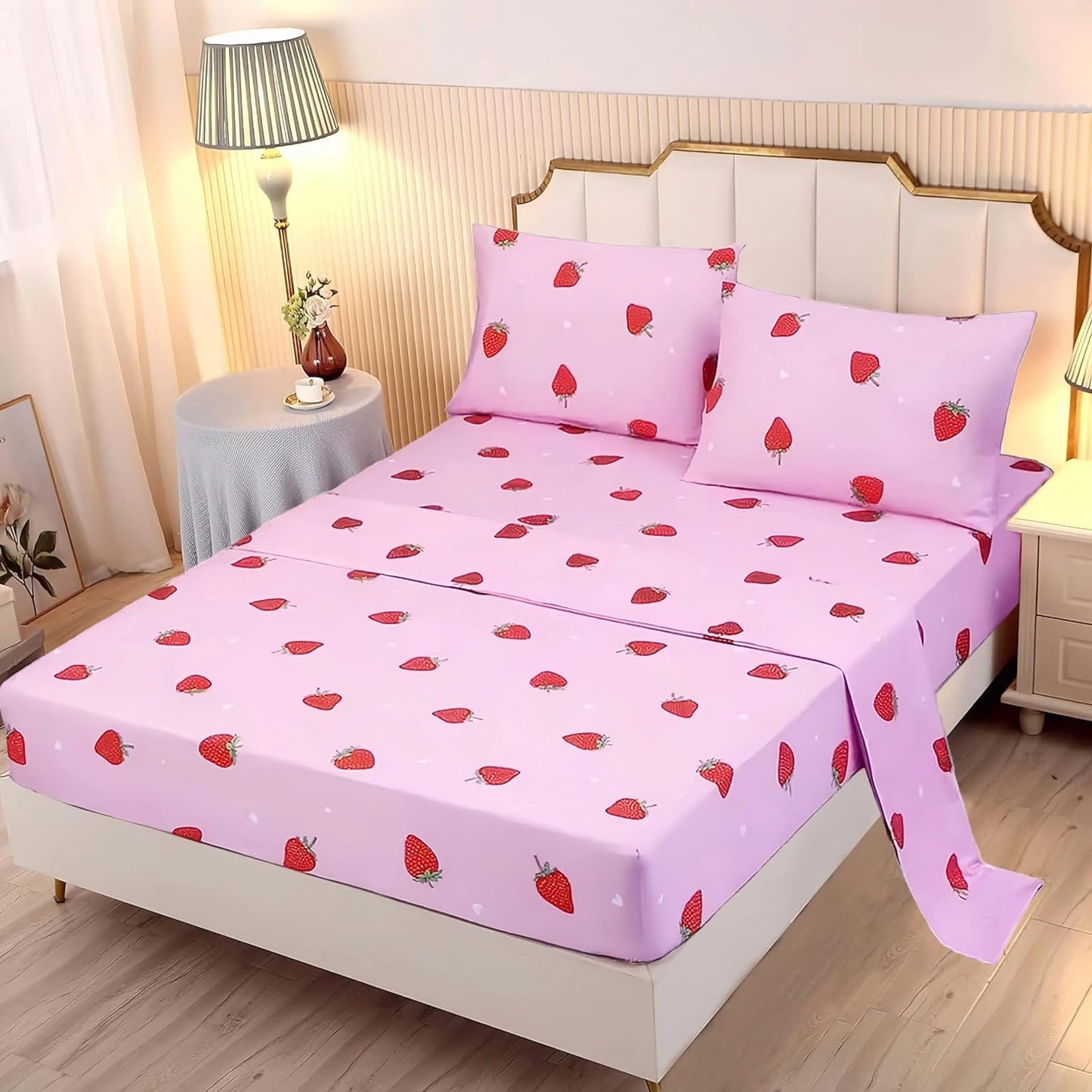 SDY 4 Pieces Strawberry Bedding Sheets,Queen Size Red and Pink Strawberry Print Sheet Set with 1 Kawaii Top Flat Sheet + 1 Deep Pocket Fitted Sheet + 2 Pillowcases for Teen Girls