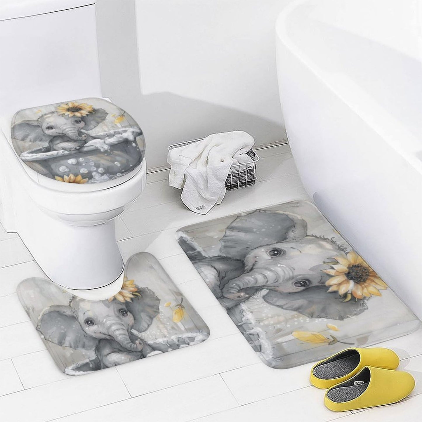 FOCCAFB 4 Piece Vintage Abstract Elephant Shower Curtain Set with Rugs, Bathtub Animal Sunflower Floral Include Bathroom Non-Slip Floor Mat, U-Shaped Bath Rug and Toilet Cover Lid with 12 Hooks