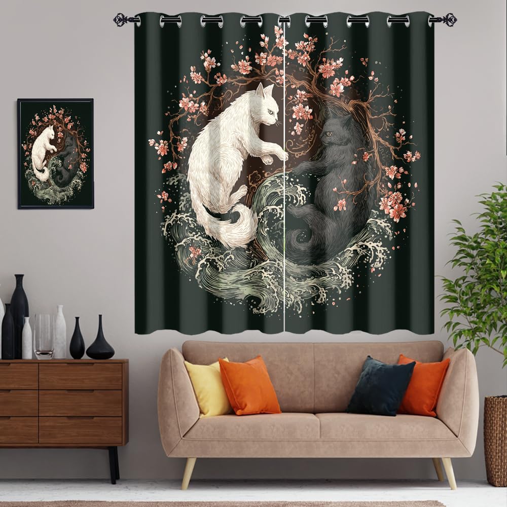 XSUPFLYM Beautiful Japanese Yin Yang Cat Privacy Perforated Curtains Retro Anime Cherry Blossom Floral Ocean Waves Animals Curtains Top Grommets Window Treatment 2 Panels.Each 21" W x 54" L
