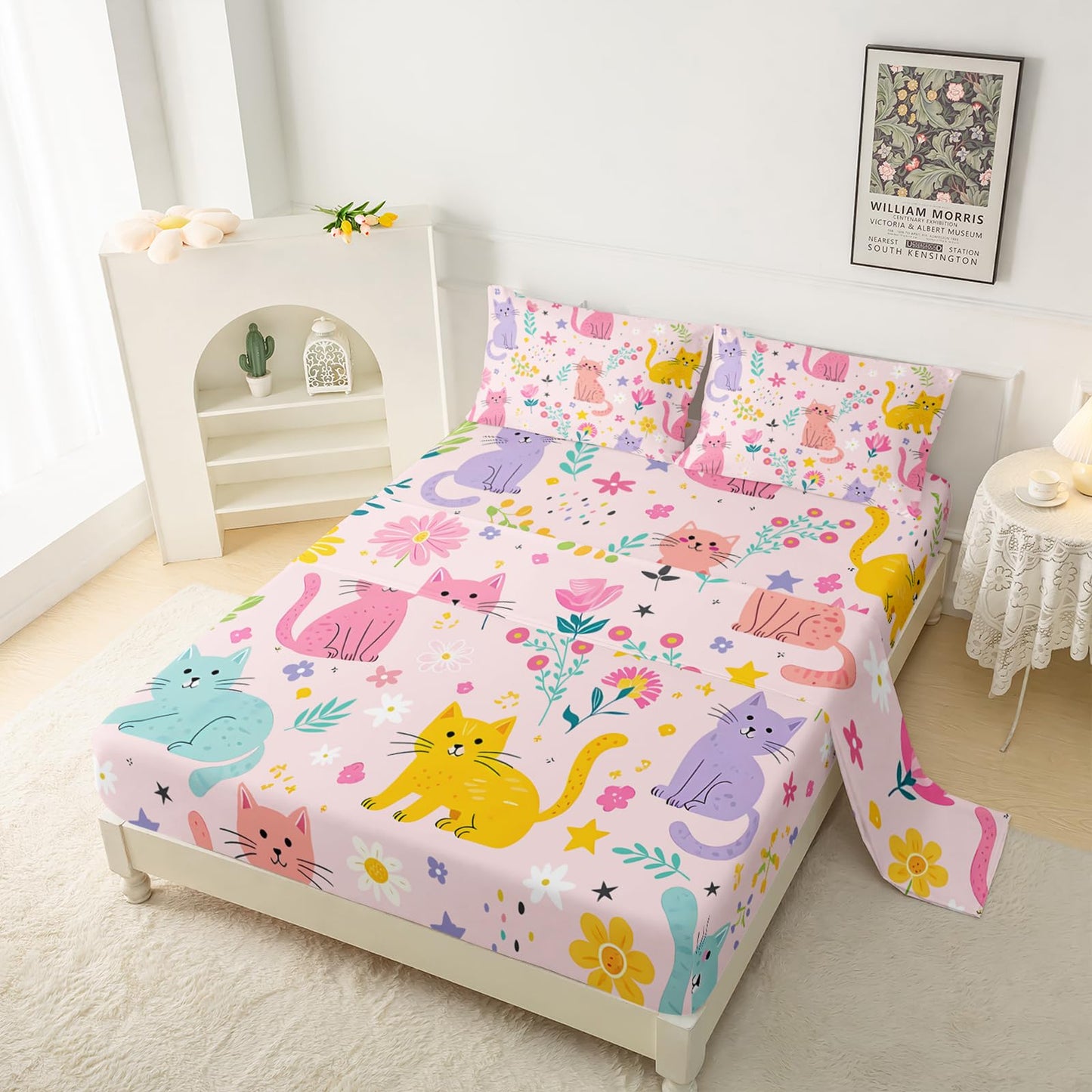 QOOMO Floral Cats Sheet Set,Kawaii Cats Kids Bed Sheets,Pink Floral 16" Deep Pocket Bed Sheet Set for Boys/Girls/Kids/Teens，4 Piece Sheet Set, 1 Fitted Sheet,1 Flat Sheet and 2 Pillowcases，Twin Size