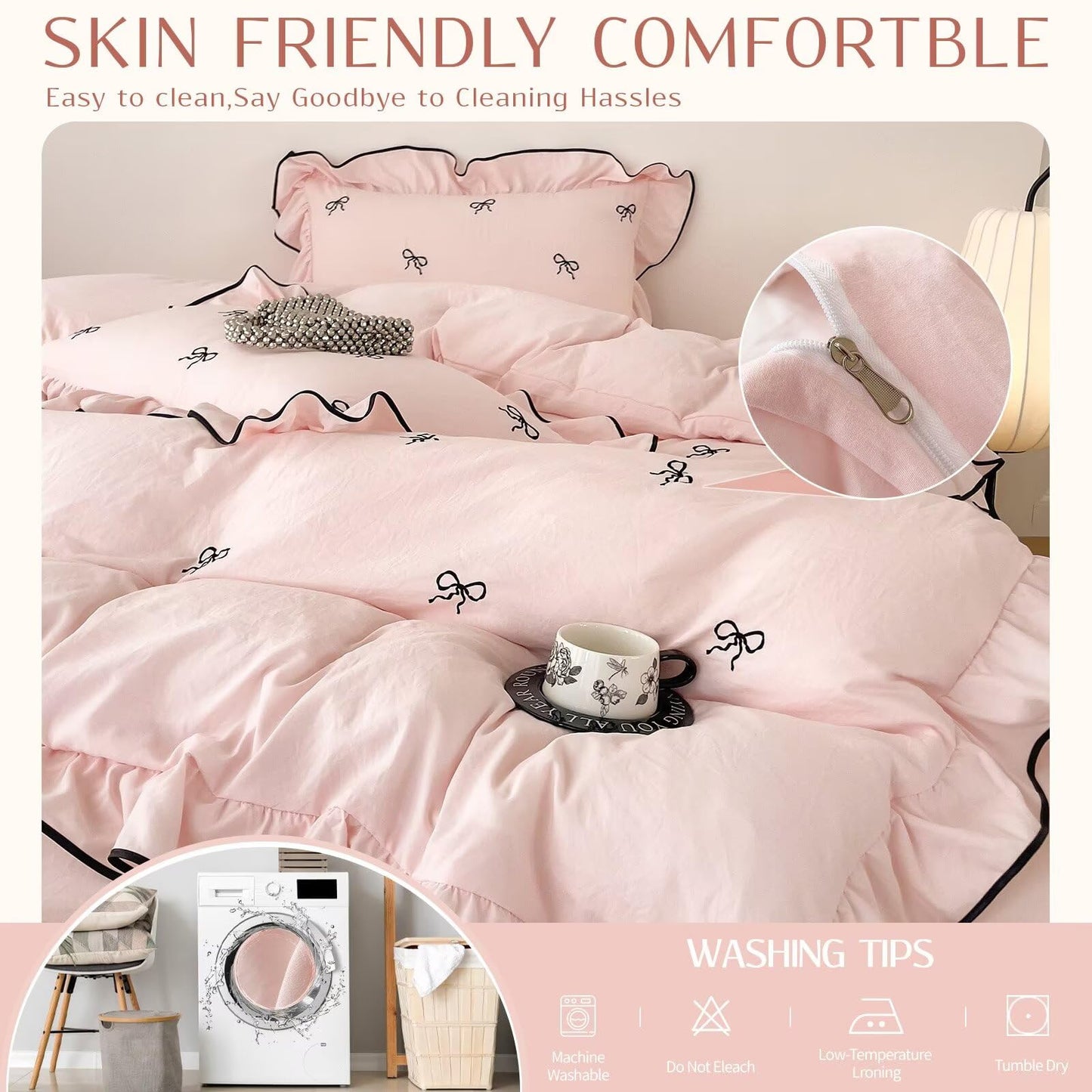 AMZTOP Cute Pink Duvet Cover Set Queen Size 3 Pcs with Bow,1 Duvet Cover with 2 Pillowcases,Washed Coquette Queen Bedding Set for Teen Girls,Zipper Ruffles Quilt Covers 90"×90"