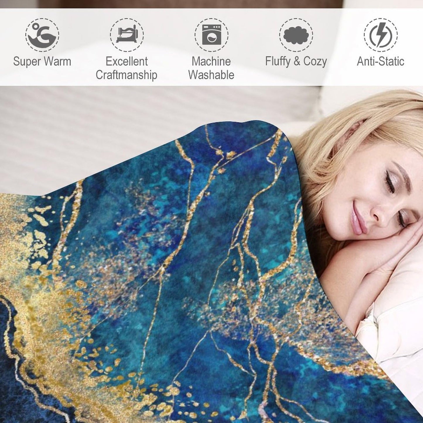 Marble Throw Blanket, Modern Abstract Foil Texture White Blue Gold Marble All Seasons Blanket for Bed Sofa, Super Soft Cozy Shaggy Blanket for Trave and Camping 40"x50"