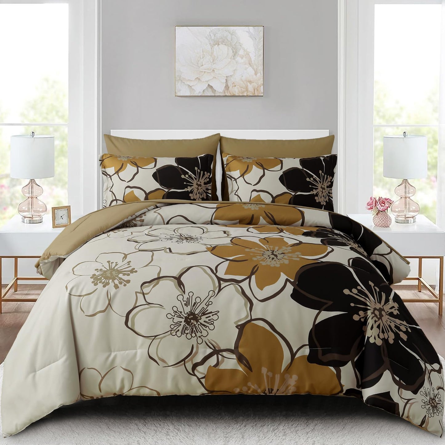 Anibedding 7 Pieces Floral Comforter Set Queen Size, Brown Black Flower Bedding Set Botanical Bed in a Bag Soft Microfiber Comforter Set with Sheets for All Season