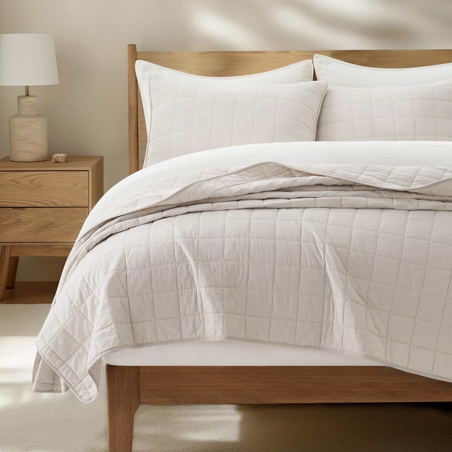EVERGRACEHOME 100% Cotton Box Stitch Quilt Bedding Set King Size 3 Pieces, Garment-Washed Lightweight Soft Cozy Coverlet, Oversized Quilted Bedspread Sets with 2 Shams for All Season, Birch