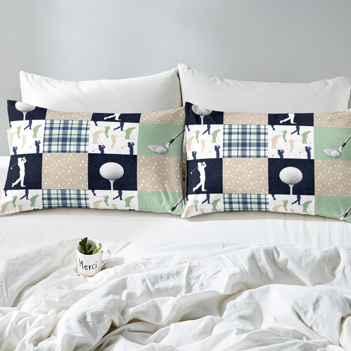 Castle Fairy Golf Plaid Bed Sheet Set for Boys Girls,Ball Sports Lover Style Bed Sheet Set Full Size Bedding Set,Green Buffalo Grid Geometric Fitted Sheet and 1 Flat, 2 Pillow Sham