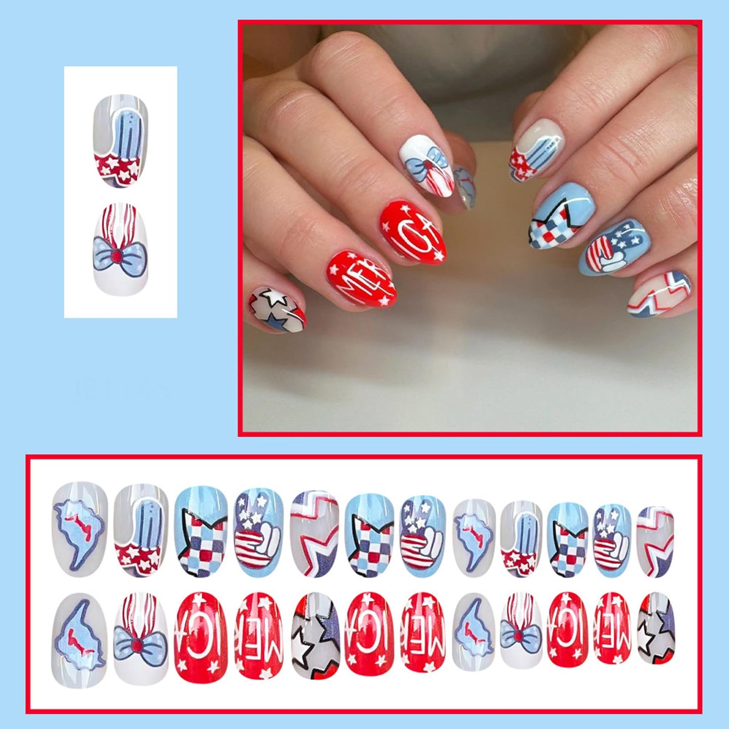 24Pcs Cute Independence Day Press on Nails Short Oval Fake Nails Red Blue Two Colors False Nails Star Letter Design Stick on Nails Full Cover Acrylic Glue on Nails for Women
