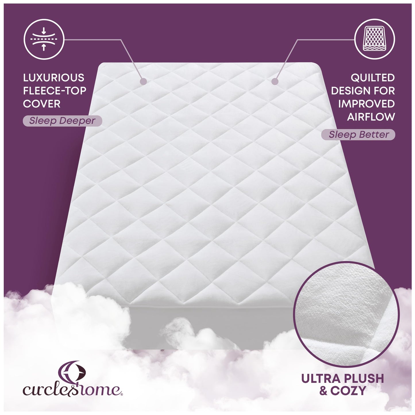 CirclesHome Cot Size Mattress Pad Pillow Top - Double Puff Fleece Top UltraPlush Down Alternative Mattress Protector -Soft, Comfortable, and Hypoallergenic - Stretches from 14-16 inches for Snug Fit