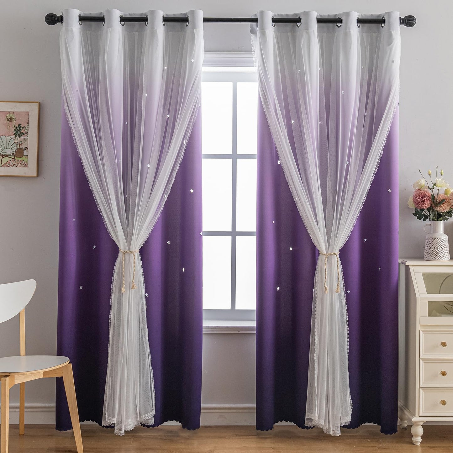 indistar Colourful Stripe Star Cut-Out Blackout Curtains for Bedroom,2 Layers Mix Design of Fabric & Tulle,Pretty Window Curtain for Kids Room 1 Panel (W52 x L72 Dark Purple)