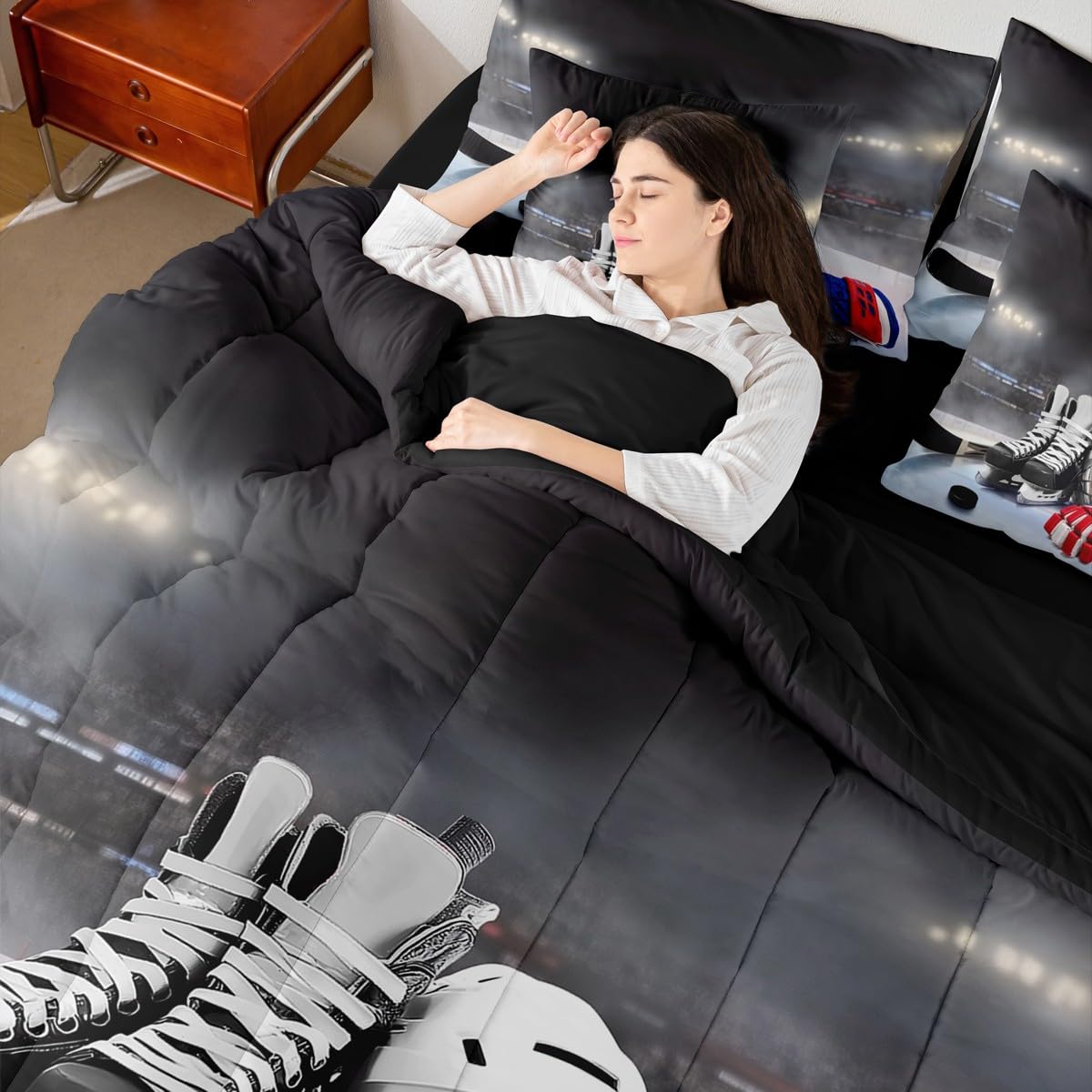 Erosebridal Ice Hockey King Comforter Set, Hockey Player 7-Piece Bed in A Bag, Boys Teens Sports Game Sheets and Pillowcases, Winter Sports Bed Sets