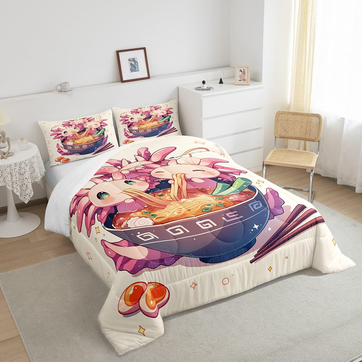 Erosebridal Funny Axolotl Queen Bedding Set,Ramen Noodle Comforter Set Ramen Gifts for Kids Boys Girls,Japanese Food Quilt Bed Set Cute Animal Bedding Comforter Sets with 2 Pillowcases Room Decor