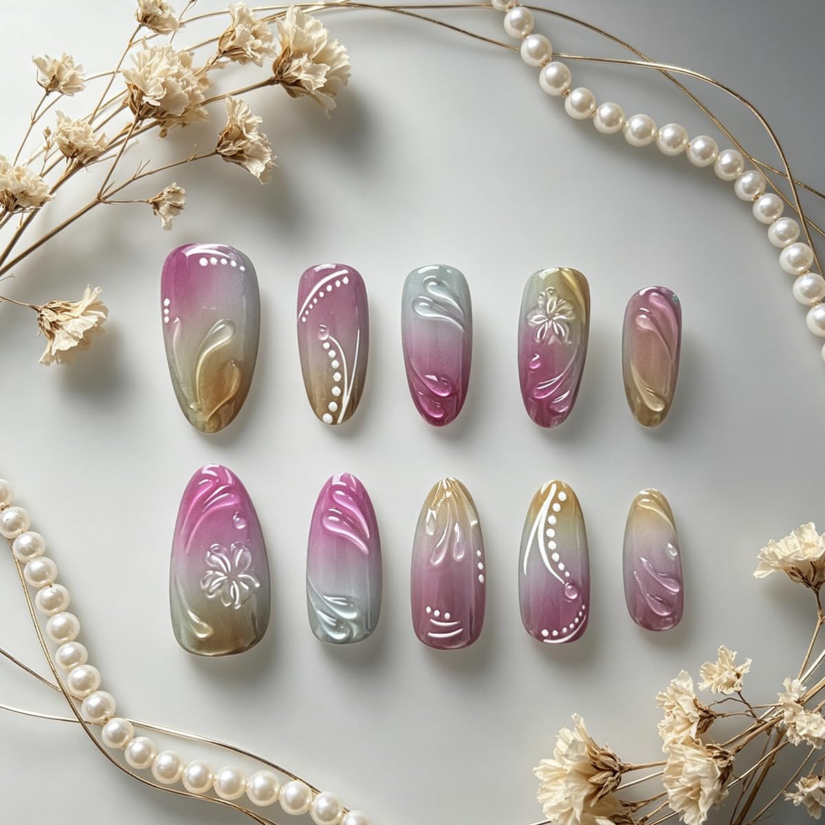 3D Press On Nails Almond Medium Light Pink Fake Nails with Cat's Eye Glossy Embossed Floral Vines High-end Designs, Acrylic Artificial Nail Press ons False Stick On Nails for Women Girls 30Pcs