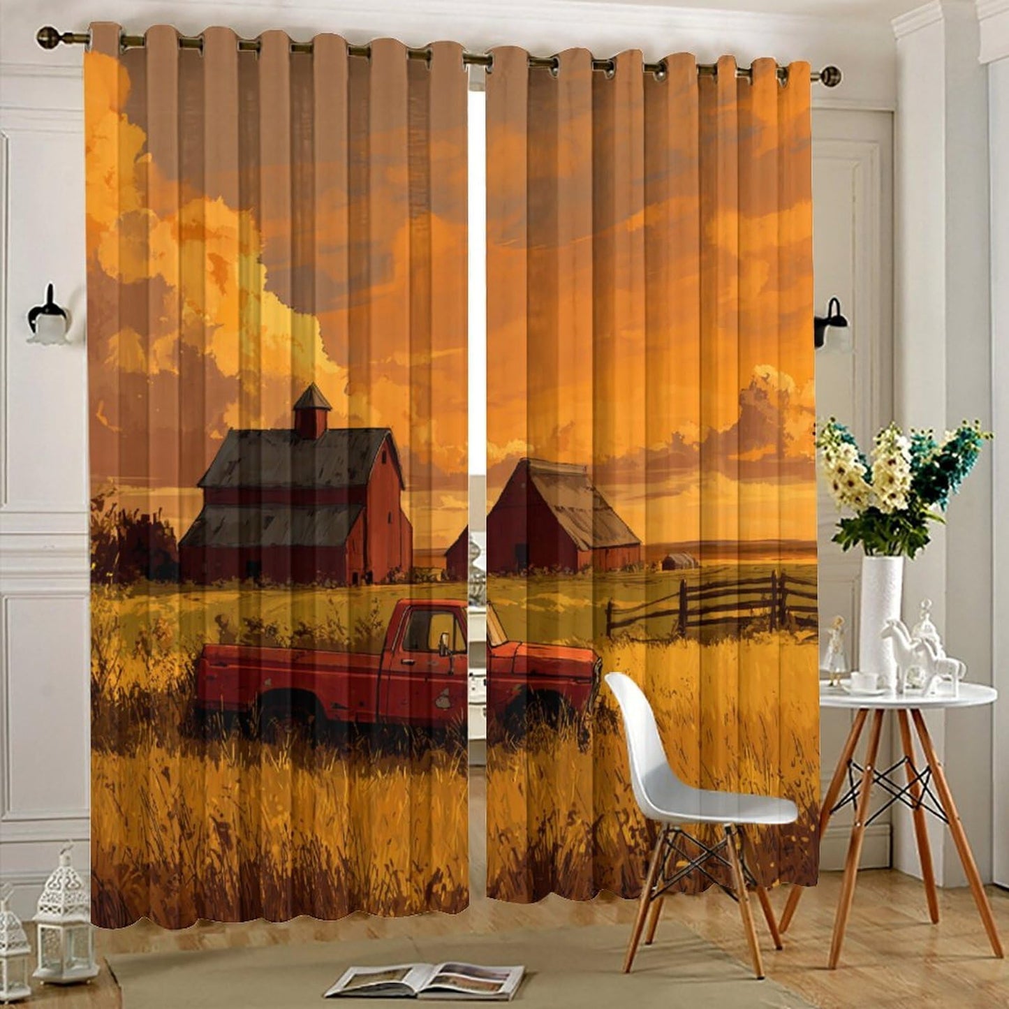 NAQSKQF Farmhouse Red Truck Barn Sunset Blackout Curtains, Grommet Thermal Insulated Window Drapes, Vintage Wheat Cloud Fence Print for Bedroom Living Room, 21W x 45L Per Panel, Set of 2 Panels