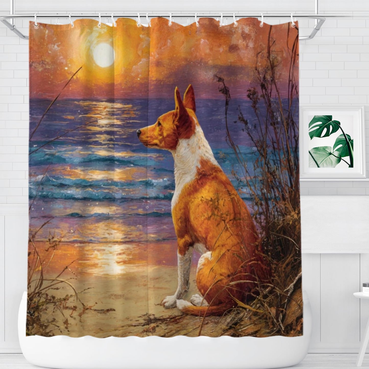 Wordatu Basenji Shower Curtain on Sunset Sunrise Beach Seascape Art Shower Curtain Set, Nautical Ocean Bath Accessories Coastal Seaside Bathroom Decor 72x72 Inches