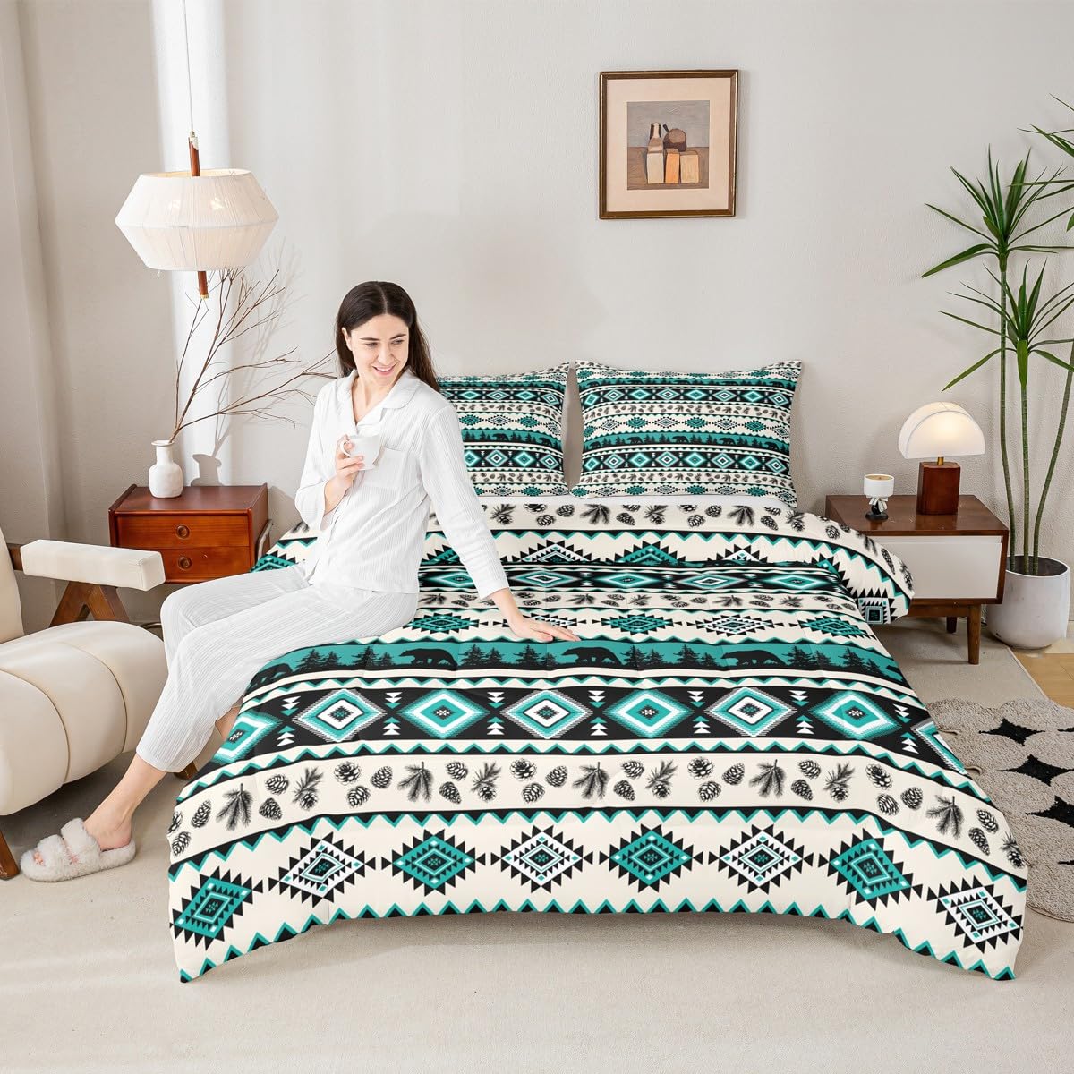 Green Aztec Pattern Kids Comforter Set,Ethnic Geometric Stripes Down Alternative Adults Bedroom Decor,Southwest Tribal Style Bear Wild Animals Ultra Soft Inner Fill 3Pcs Bedding Queen Size