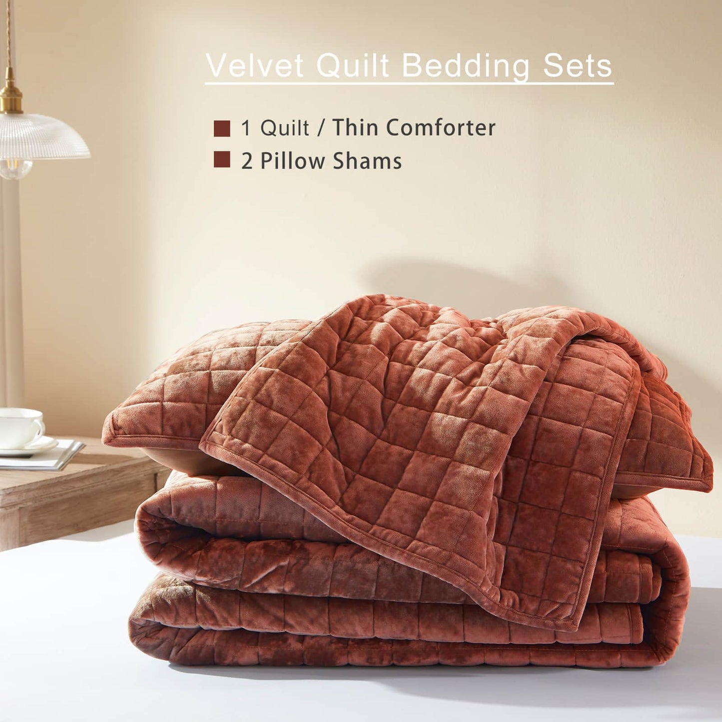 LEAONME Velvet Quilt California King-118''x106'', Lightweight Burnt Orange Velvet Comforter Set with 2 Pillow Shams, Soft Oversized Bedspread Coverlet Quilted Bedding Set for All Season