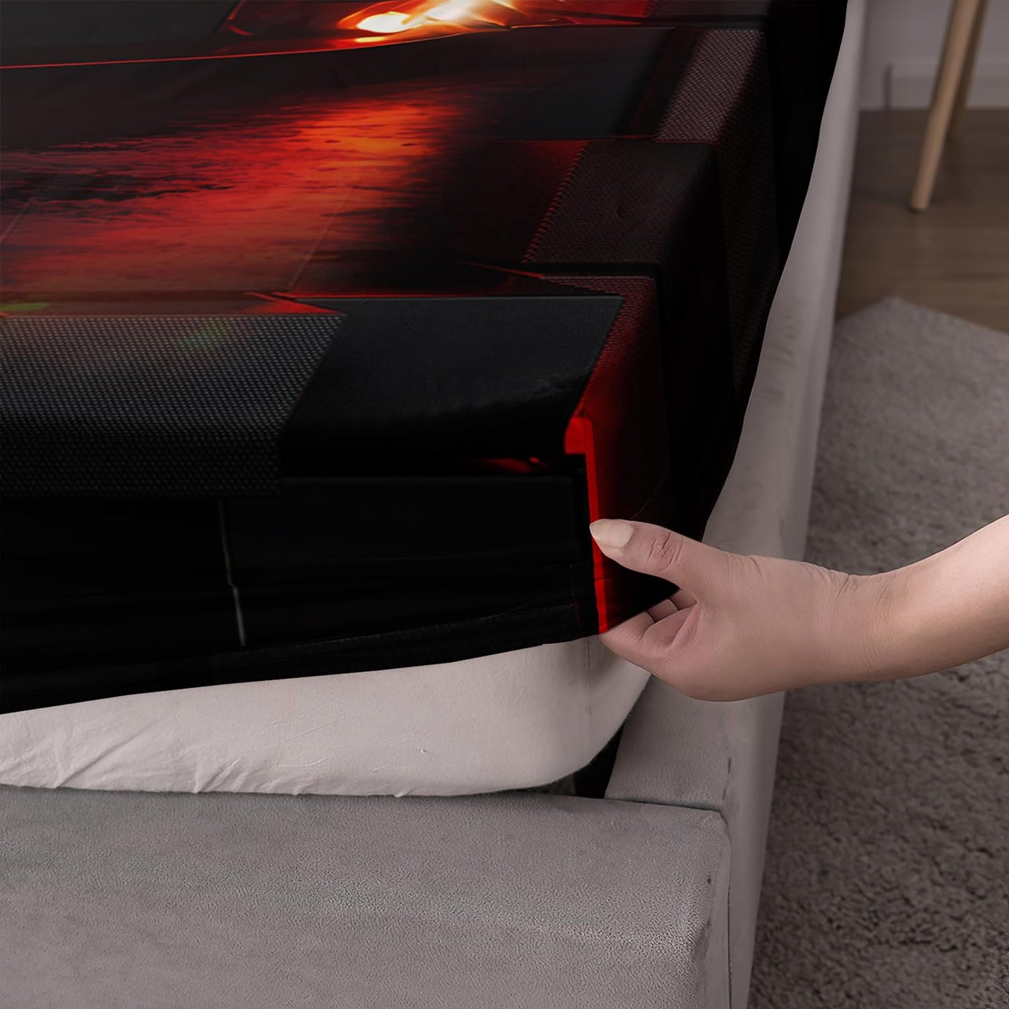 HOSIMA Boys Race Car Fitted Sheet Full,Black Red Geometric Background Pattern Lightweight Cool Extreme Sports Bedding for Kids Men Car Room Decor,1 Fitted Sheet+2 Pillowcases.