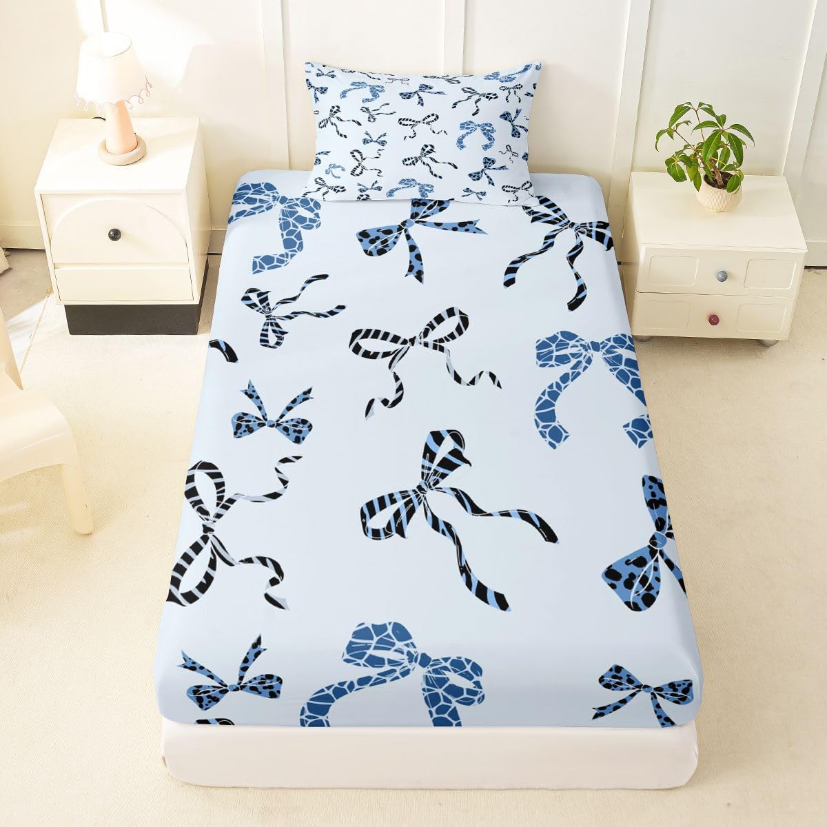 jejeloiu Blue Leopard Bow Fitted Sheet Twin Size for Kids Boys Girls Leopard Print Bowknot Bed Sheets Set 16" Deep Pocket Dreamy Princess Bowknot Bedding with 1 Pillowcase Room Decor