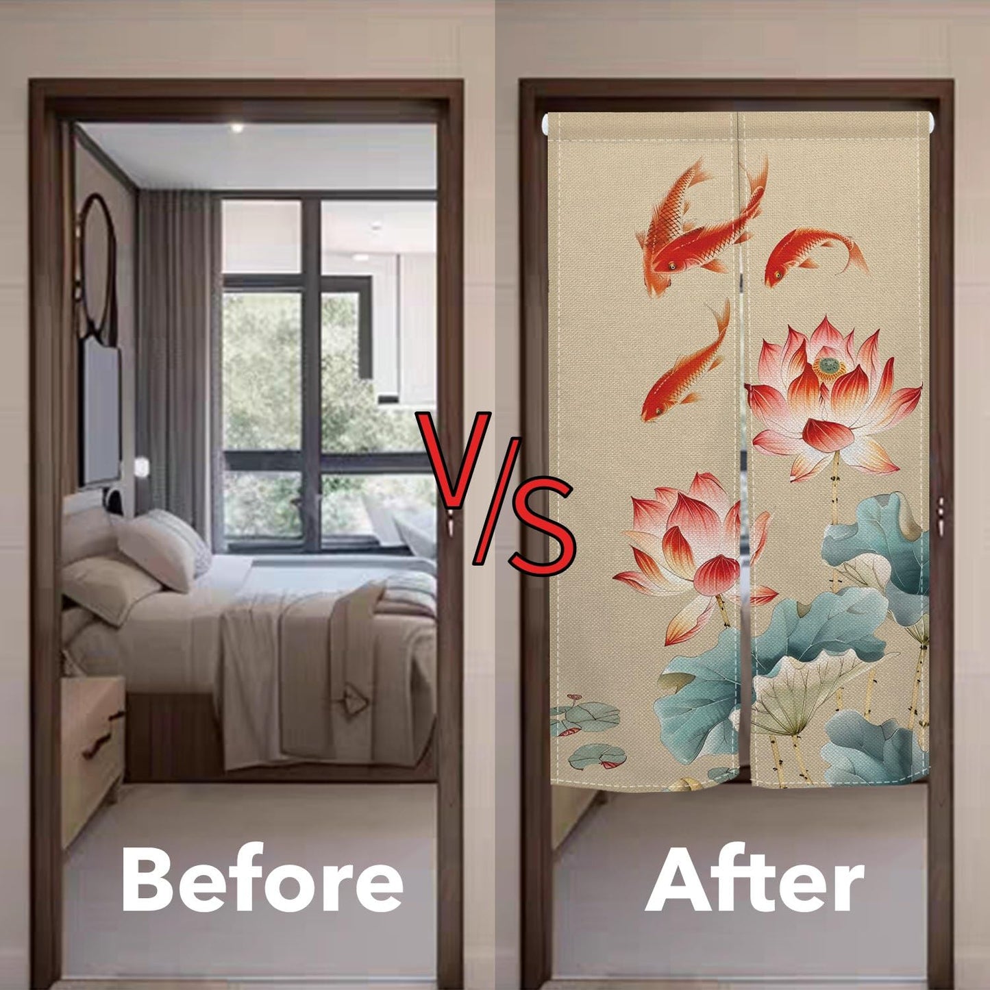 Leowefowa Long Chinese Ink Painting Doorway Curtain Japanese Noren Lotus Kio Fish Door Curtains Tapestry Feng Shui Window Treatment Hanging Room Privacy Divider Kitchen Home Asian Decor, 33.5"x 70.9"